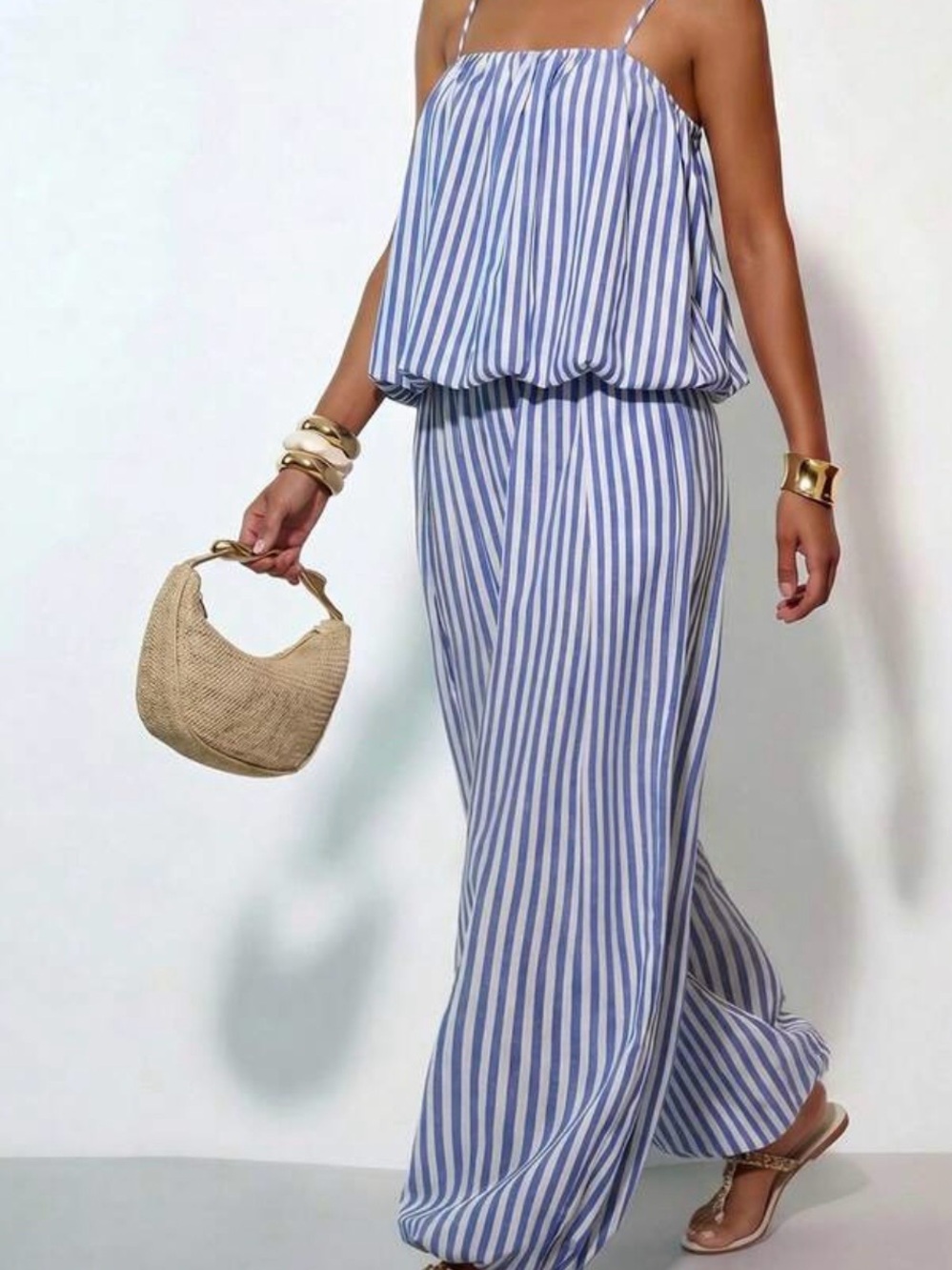 SHEIN Blue and White Striped Wide-Leg Pants - Picture 3 of 3